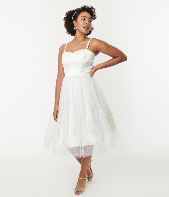 Unique Vintage White Tulle & Floral Beading Bertie Swing Dress, White / White, alternate image number 2