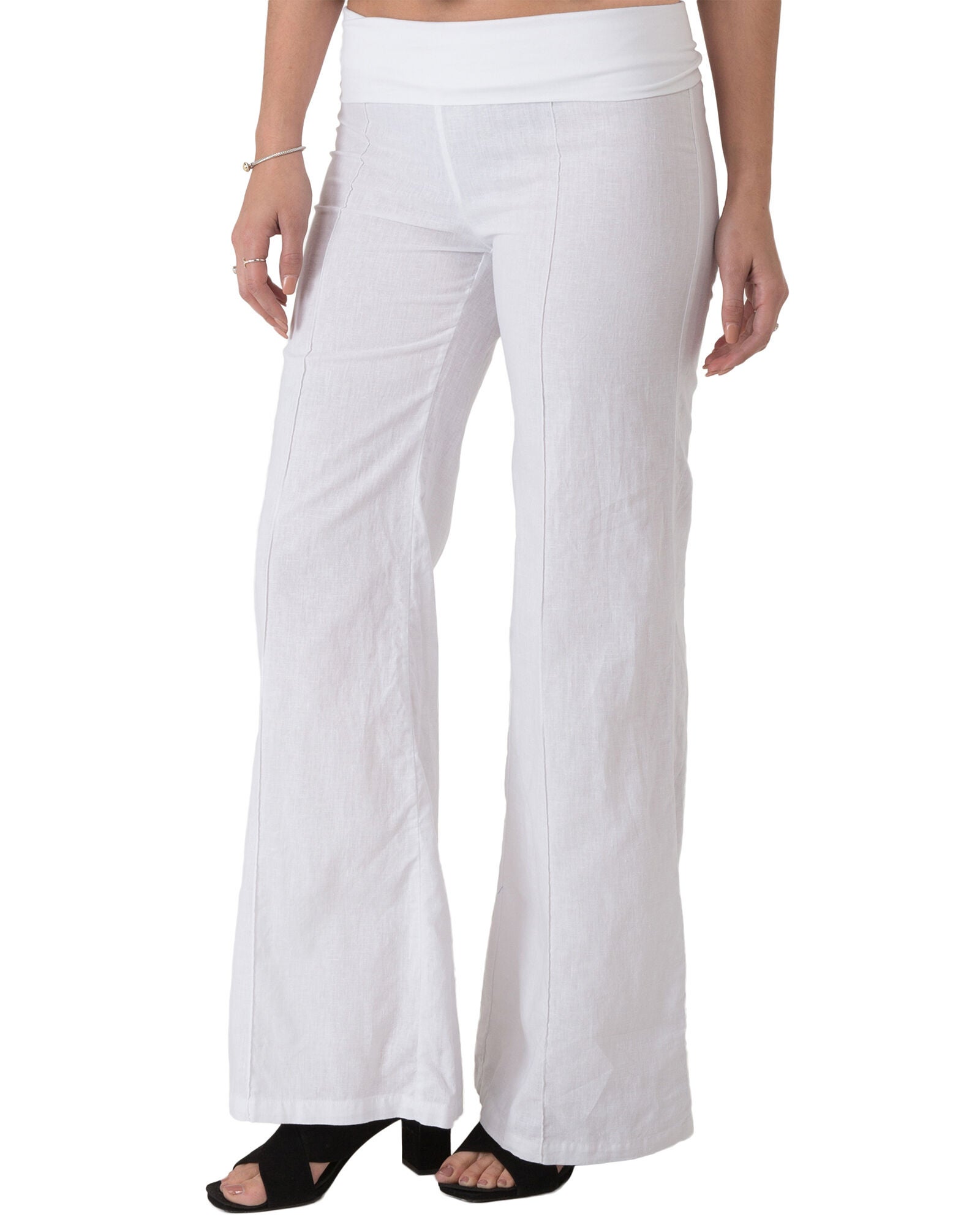 S & P Women&#39;s Linen-Cotton Wide Leg Yoga Pants With Fold-over Elastic Waist, White / White, alternate image number 3