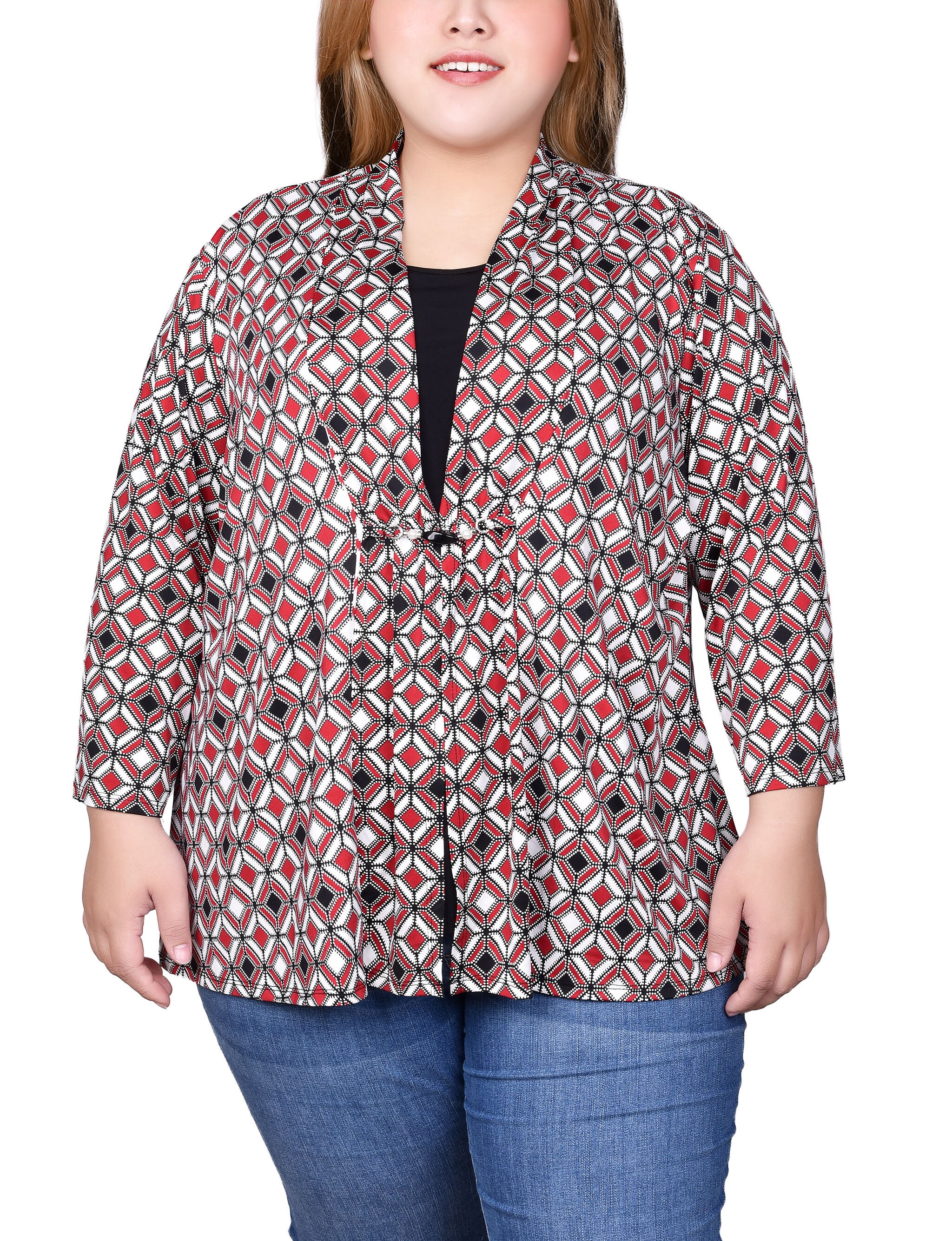 Puff Print 3/4 Sleeve Two-Fer Top, Jester Red Ivory Ge, hi-res image number 0