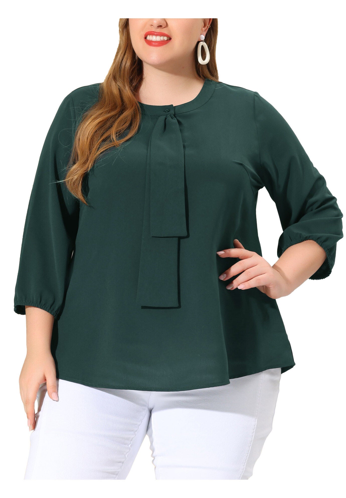 3/4 Sleeve Work Office Tie Front Ruffle Chiffon Blouse Top, Dark Green / Forest Green, alternate image number 1