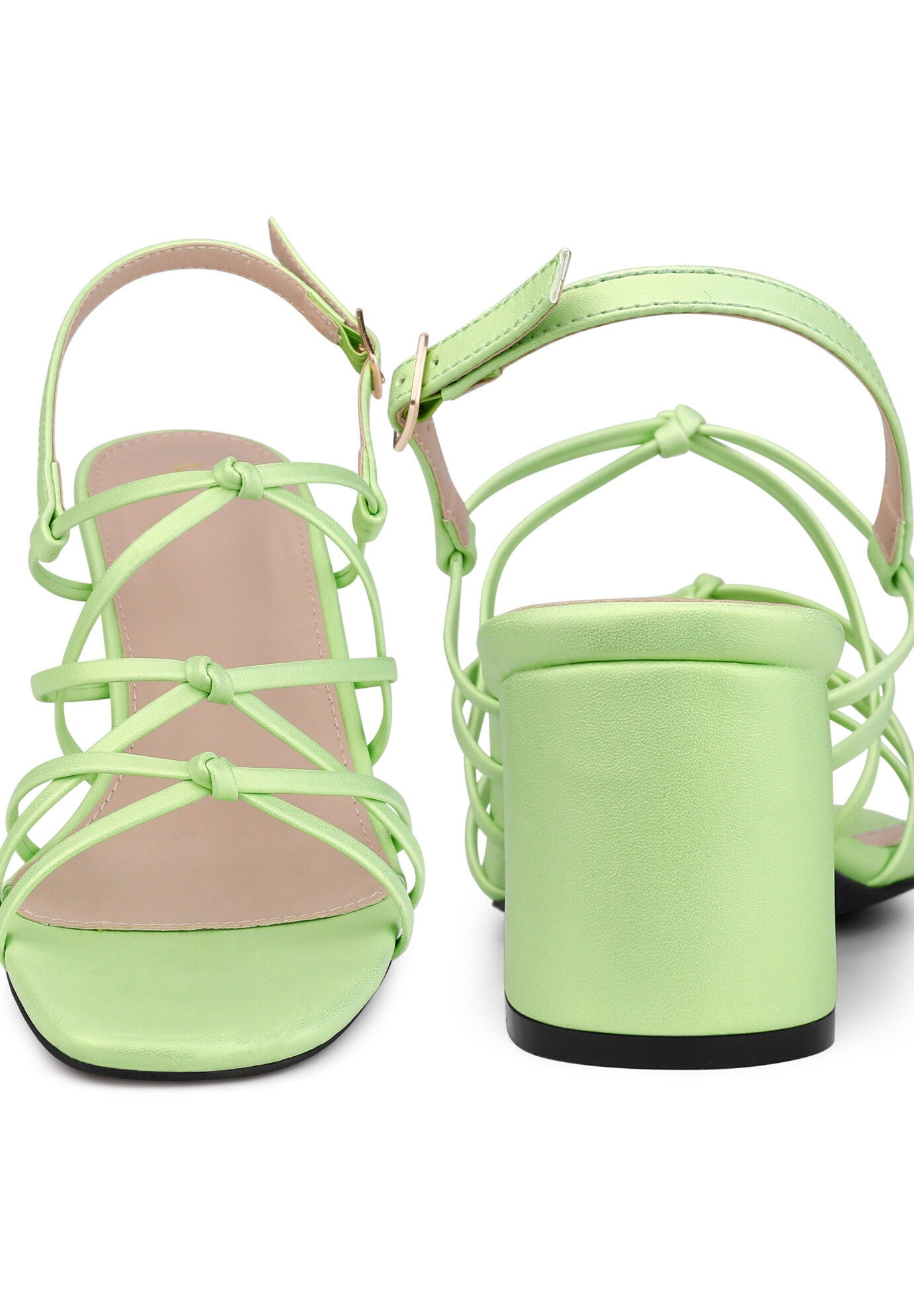 Square Toe Knots Ankle Strap Chunky Heels Sandals, Lime Green / Light Green, alternate image number 2