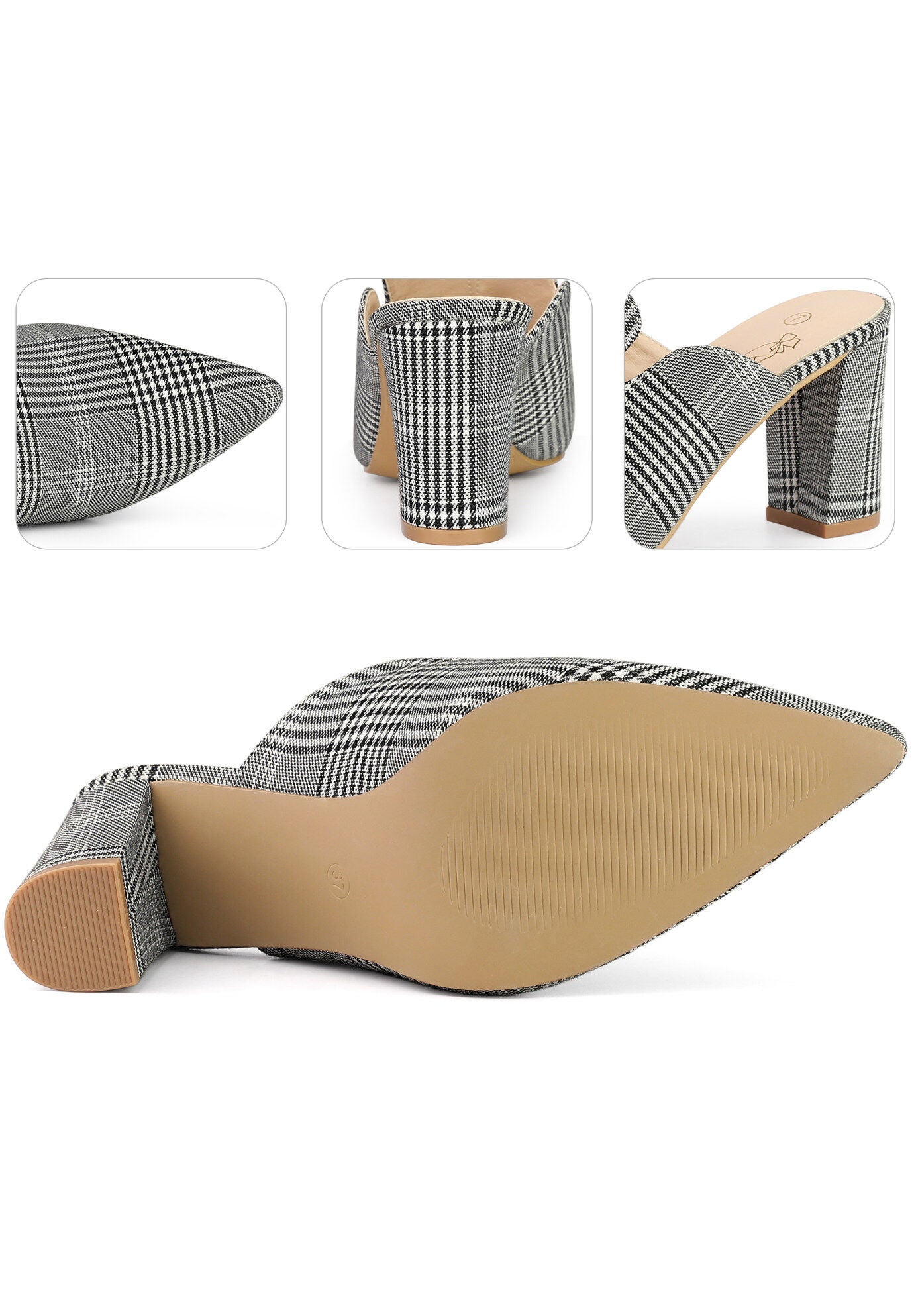 Pointed Toe Slip on Chunky Heels Houndstooth Slide Mules, Black White / Cool Gray, alternate image number 2