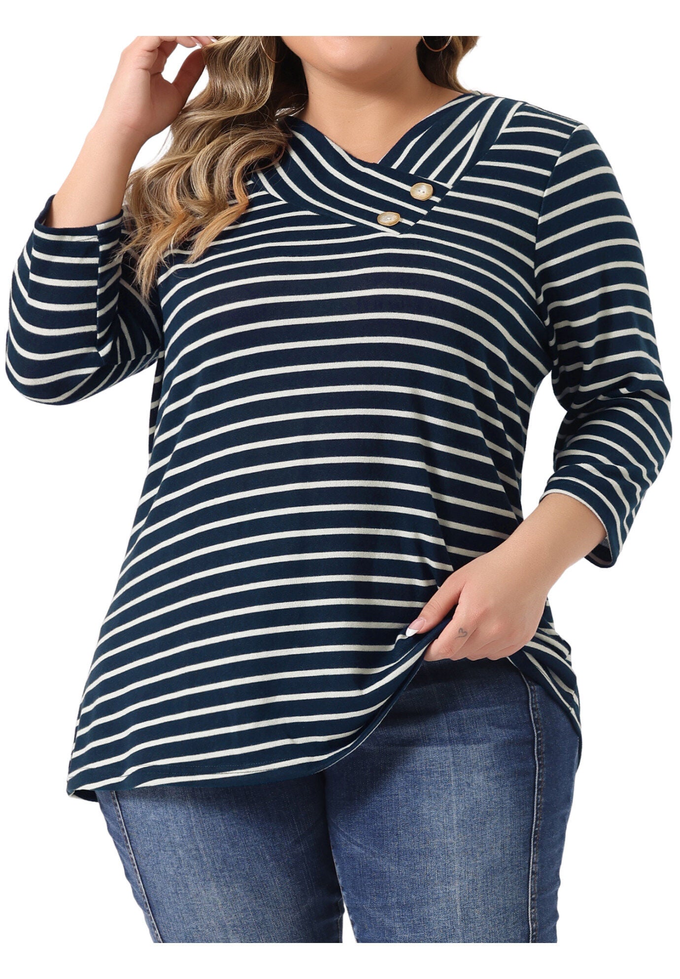 Stripe 3/4 Sleeve Tunic V Neck Knit Blouse, Dark Blue / Navy, alternate image number 2