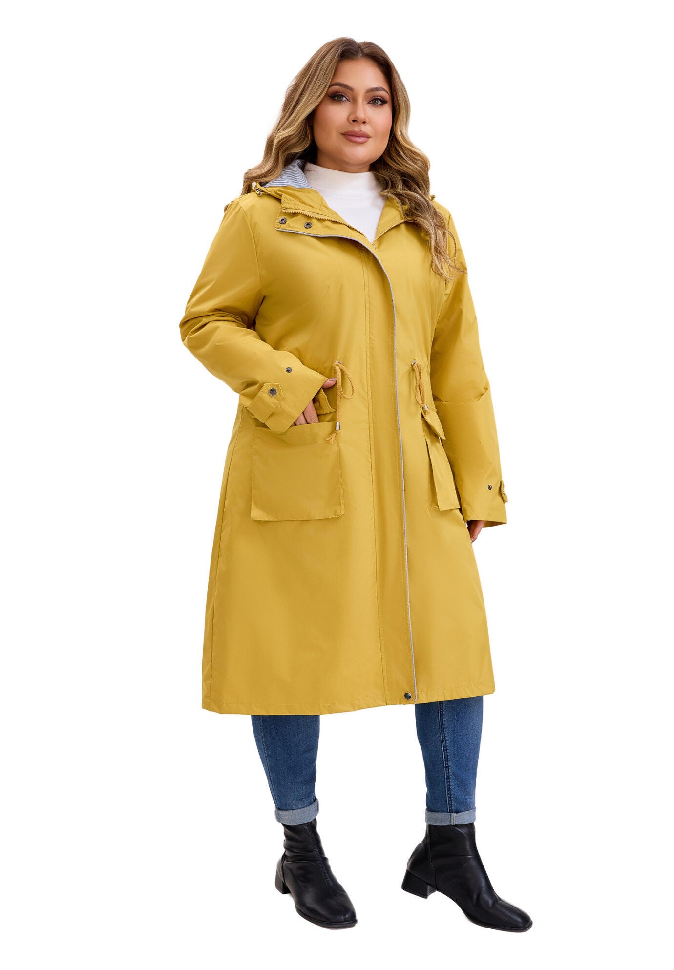 Drawstring Waist Zipper Waterproof Rain Windbreaker Jacket, Yellow / Yellow, alternate image number 1