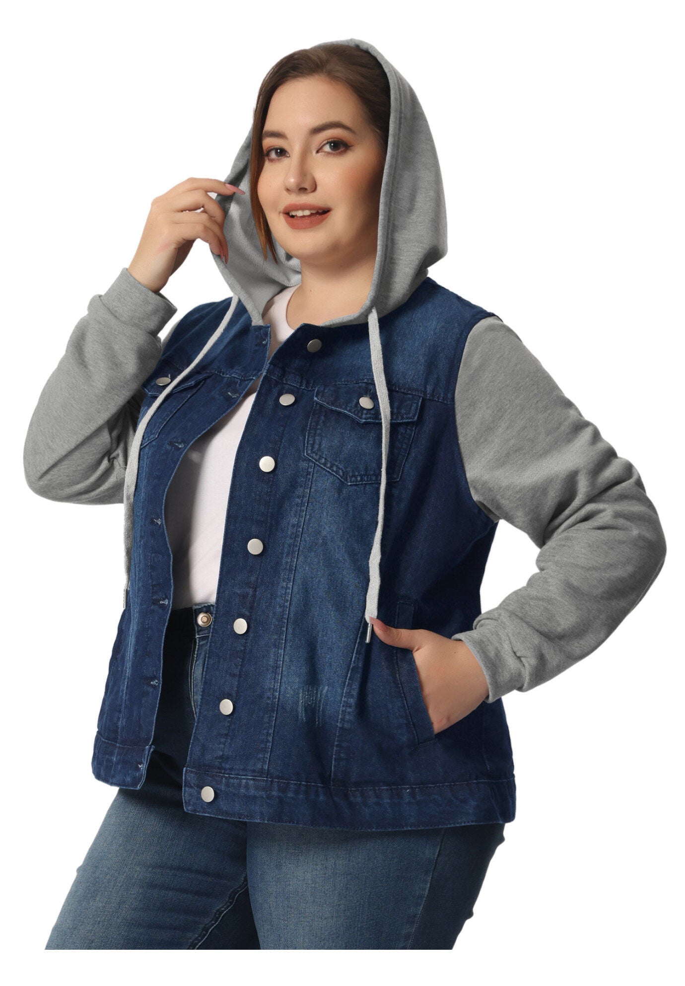 LAYERED DRAWSTRING HOODIE DENIM JEAN JACKET, Black Blue / Navy, alternate image number 2