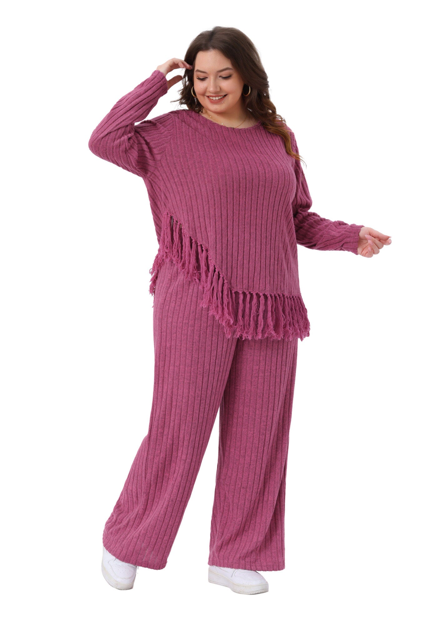 2 Piece Lounge Set Asymmetrical Fringe Hem Outfits, Hot Pink / Deep Fuchsia, hi-res image number 0
