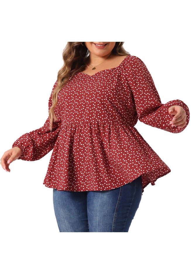 Sweetheart Neck Long Sleeve Printed Peplum Top Blouse, Burgundy / Burgundy, alternate image number 2