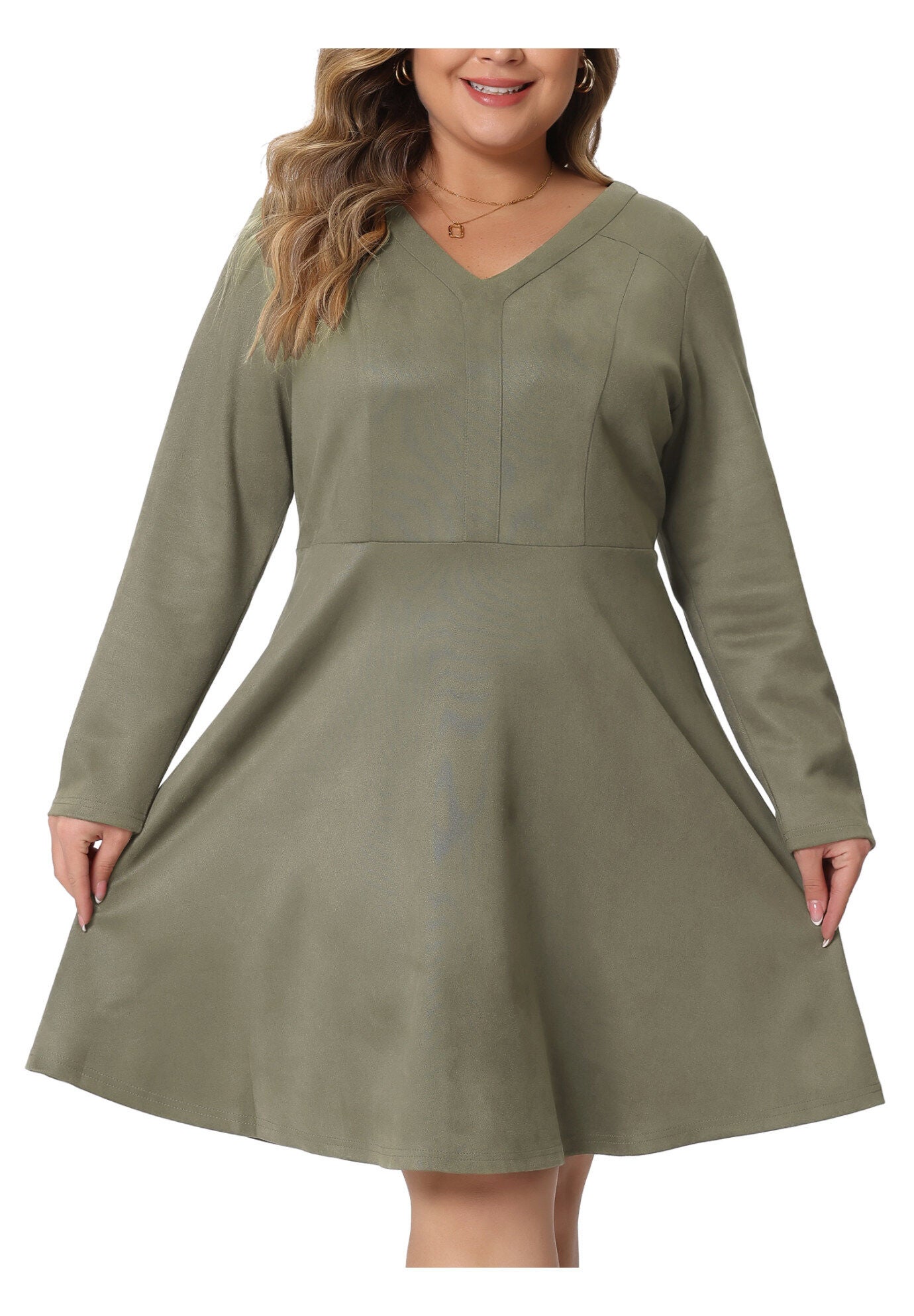 Faux Suede V Neck Long Sleeve A-Line Elegant Midi Dress, Green / Sage Green, alternate image number 2