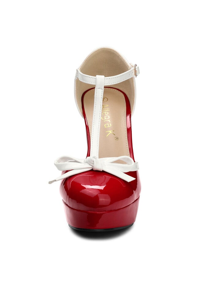 Platform Bow T Strap Chunky Heels Pumps, Red / Red, alternate image number 2