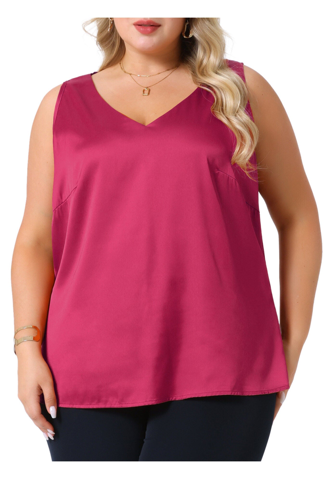 Satin Tank Top V Neck Casual Sleeveless Cami, Rose Red / Pink, alternate image number 1