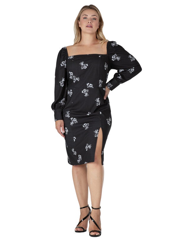 Xena Women's Side Slit Floral Print Midi Dress, BlackWhite Sakura / Black, alternate image number 3