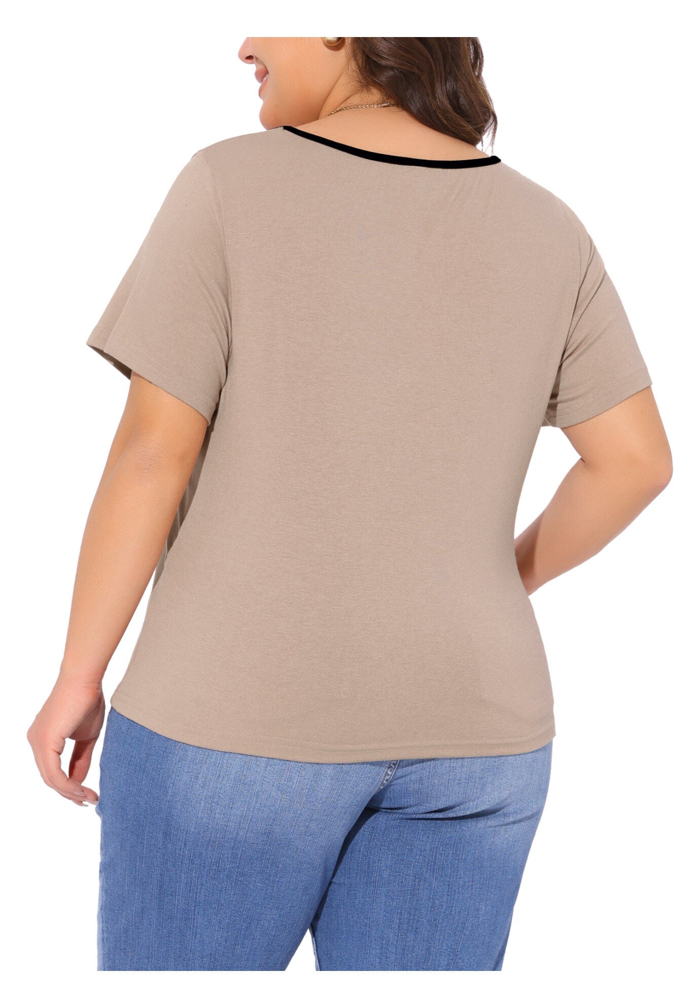 Sweetheart Neck Contrast Trim Tie Knot Short Sleeve T-Shirt, Camel / Beige, alternate image number 3