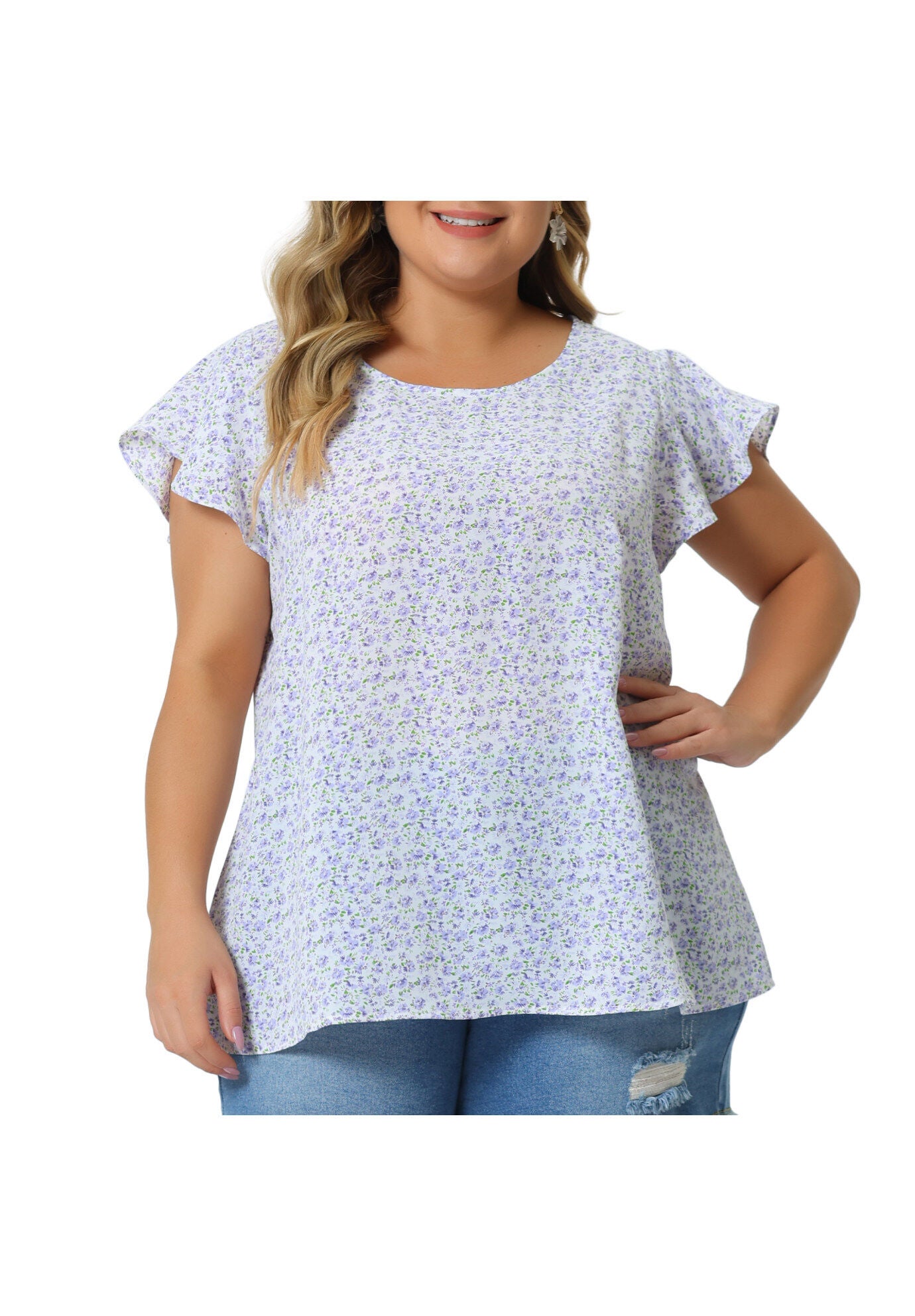 Summer Top Floral Round Neck Short Sleeves Ruffle Blouse, Purple / Purple, alternate image number 2