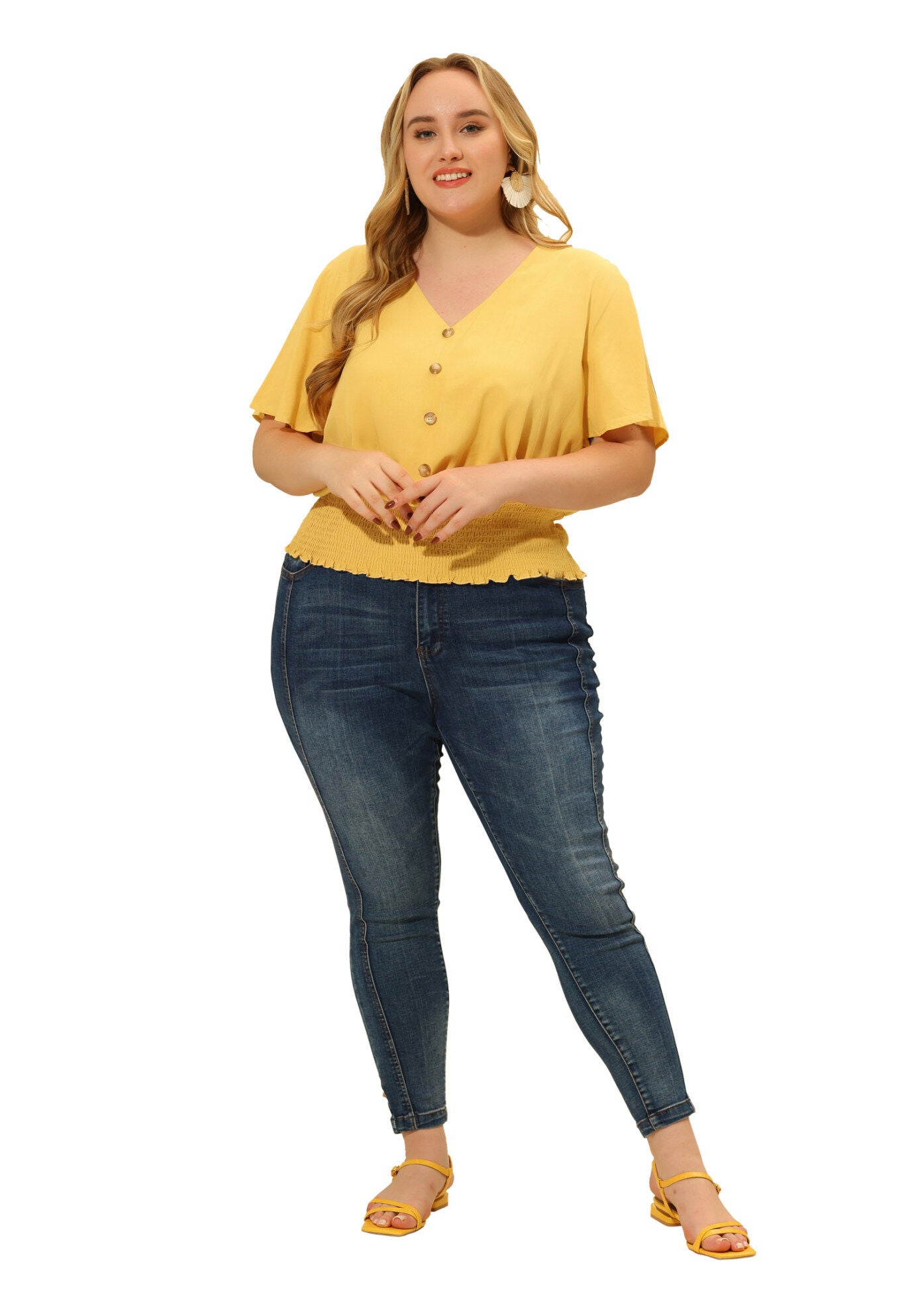 V Neck Button Up Short Sleeve Shirred Crop Shirt Blouse, Yellow / Yellow, hi-res image number 0