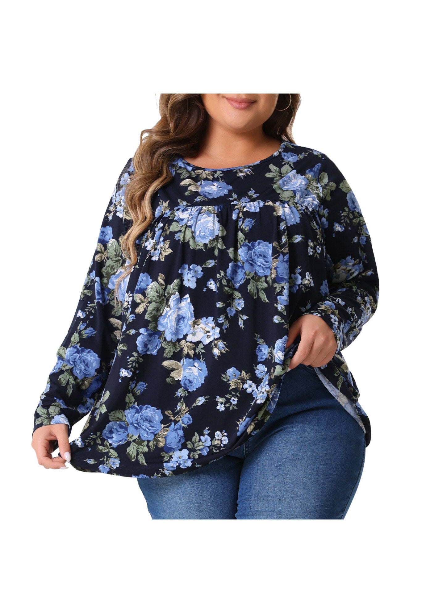 Long Sleeve Tunic Pleated Crew Neck Blouse, Dark Blue / Navy, alternate image number 2