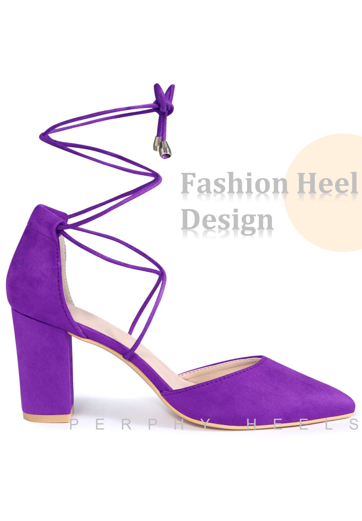 Pointy Toe Lace Up Chunky Heeled Sandal Pumps, Purple / Purple, alternate image number 3