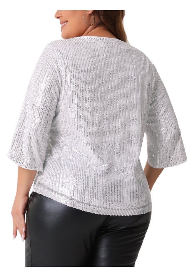 Glitter 3/4 Slit Sleeve Shimmer Sequin Blouse Top, Silver / Silver, alternate image number 3