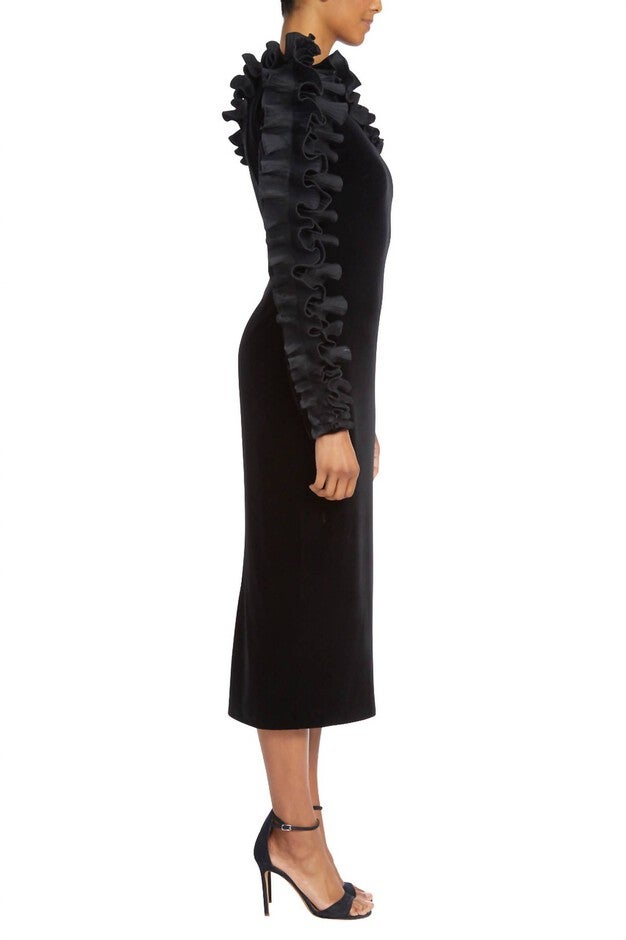 80'S PLEATED RUFFLE VELVET DRESS, Black / Black, alternate image number 1