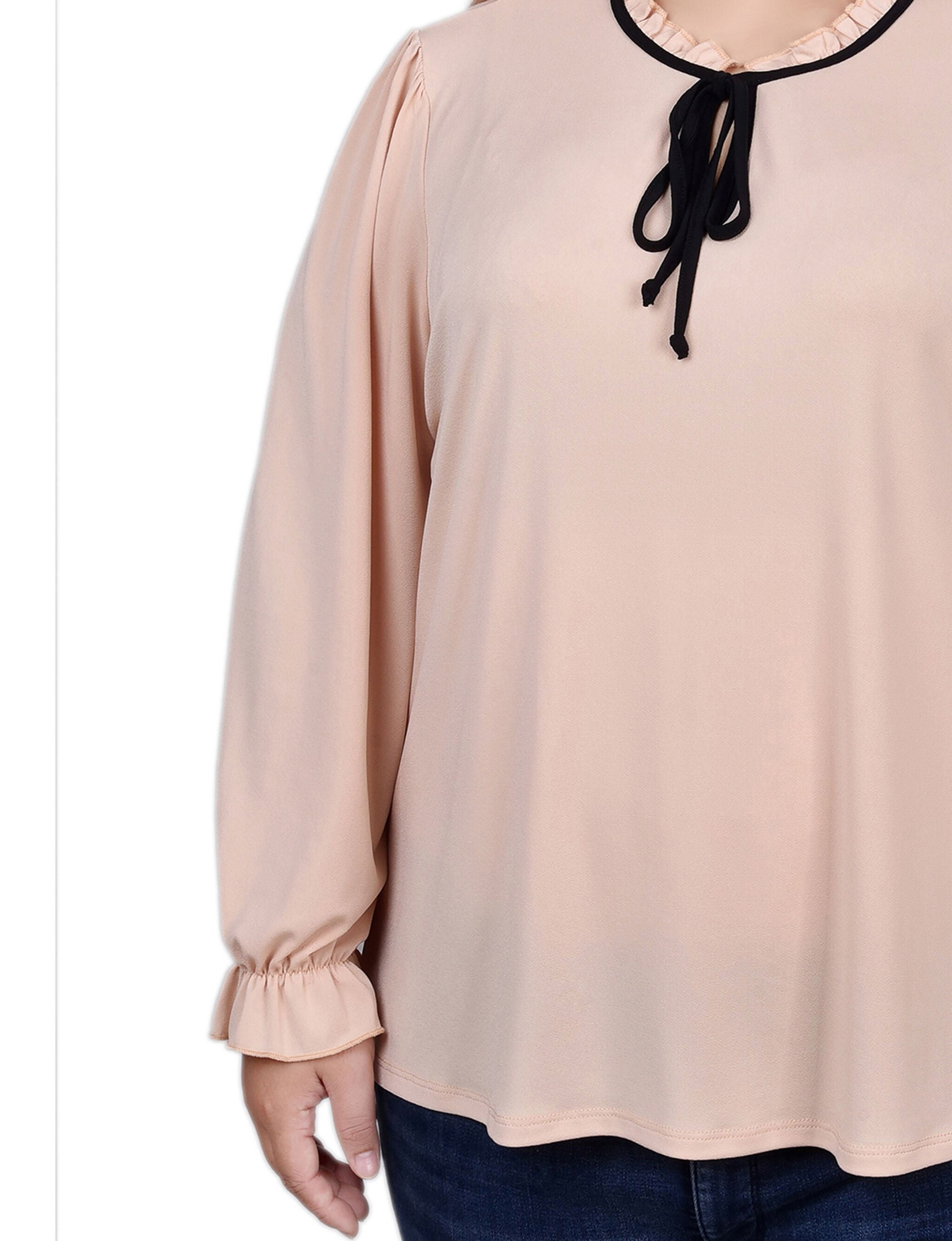 Long Sleeve Tie Neck Top, Semolina Black / beige, alternate image number 2