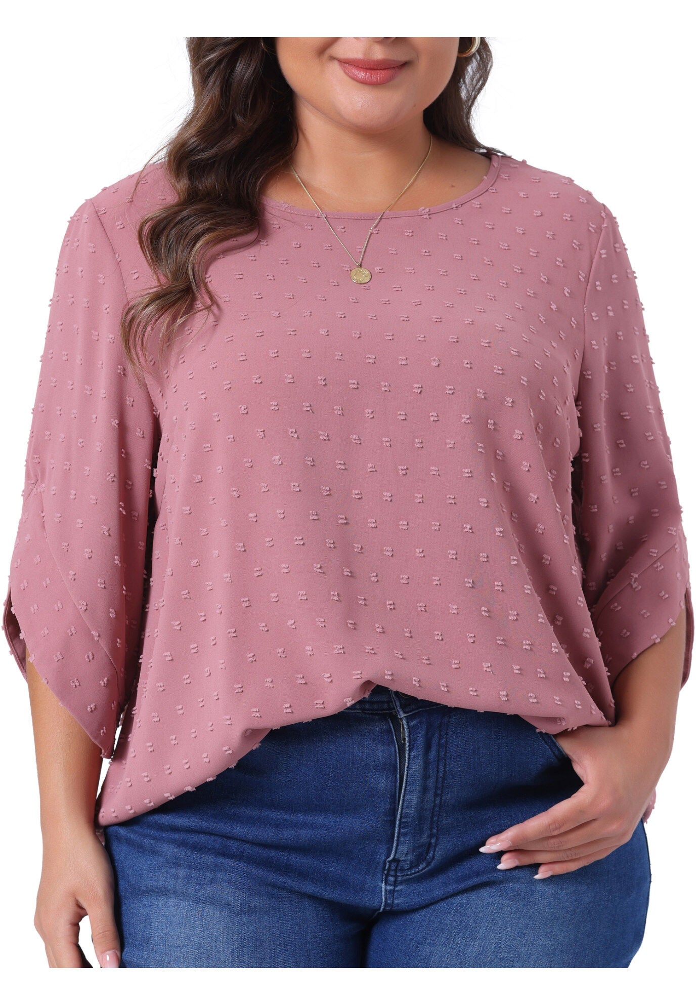 Round Neck Petal Sleeve Swiss Dots Blouse Top, Dark Pink / Pink, alternate image number 2