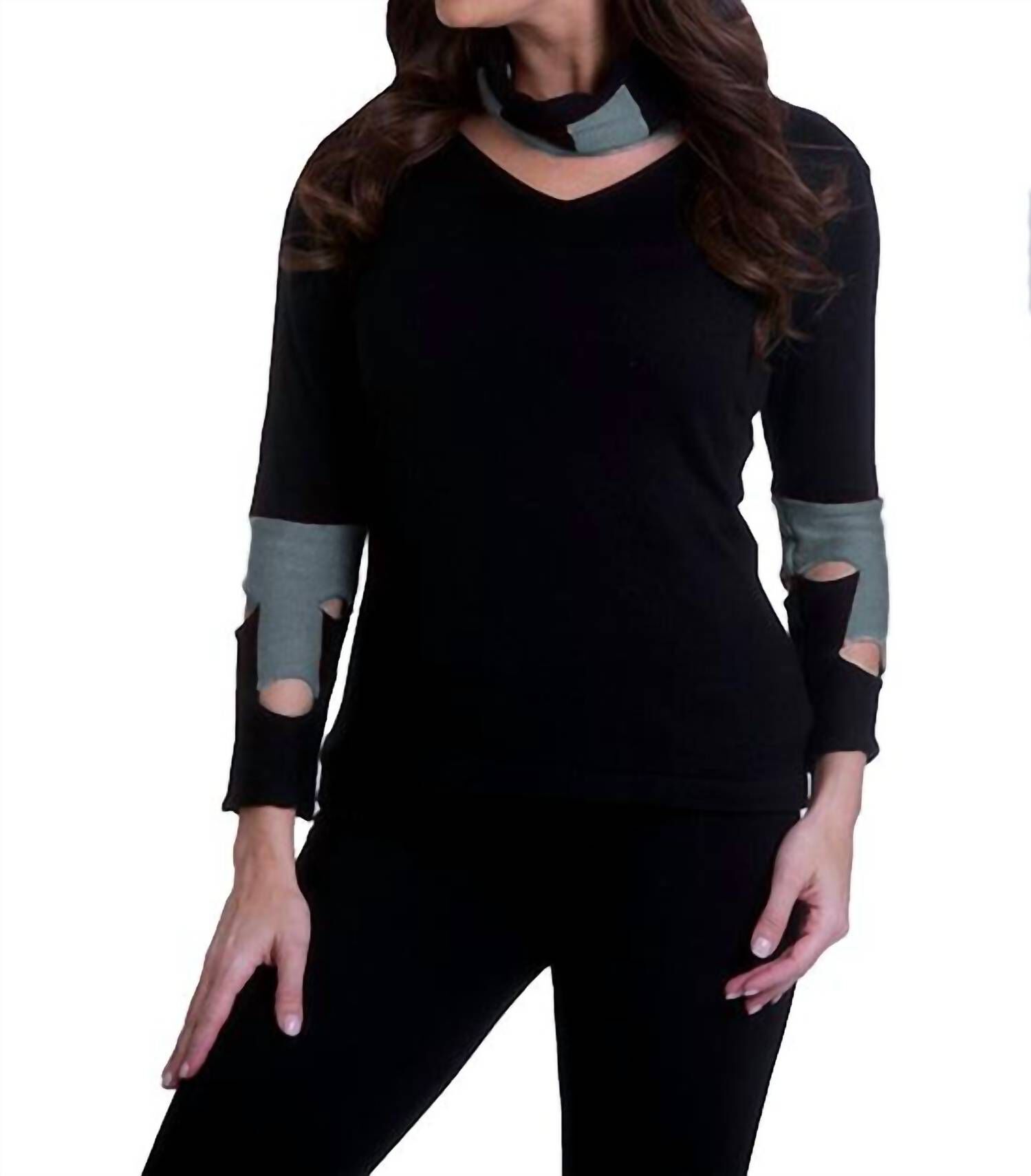 CUT WORK SWEATER WITH SCARF IN BLACK/GRAY, BlackGray / Black, hi-res image number 0
