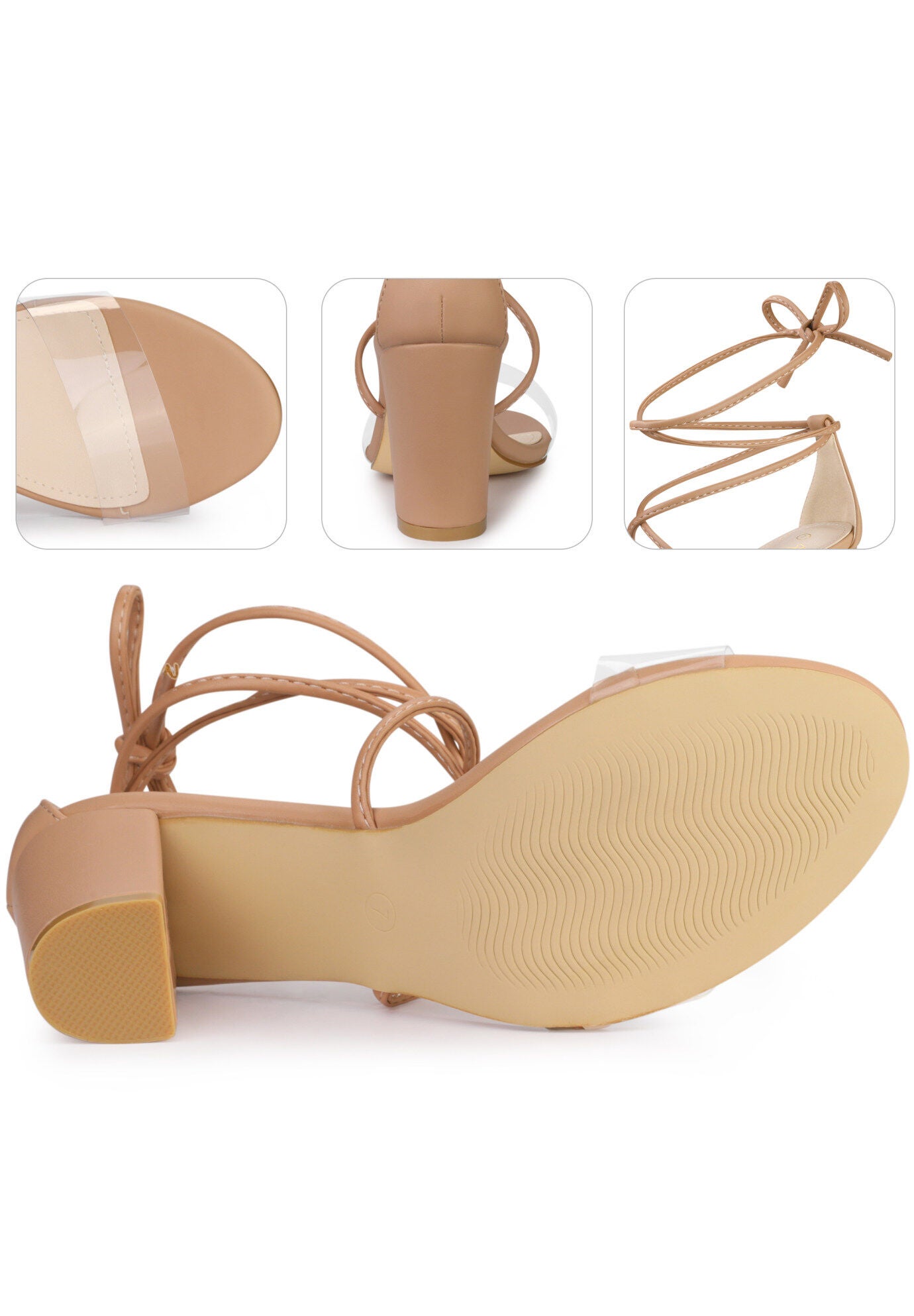 Lace Up Clear Strap Strappy Chunky Heel Sandals, Nude / Tan, alternate image number 2