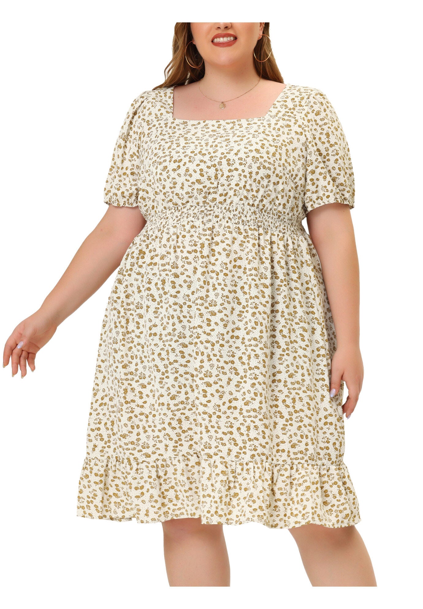 SHORT SLEEVE SQUARE NECK ELASTIC WAIST FLORAL DRESS, Apricot / Cream, alternate image number 1