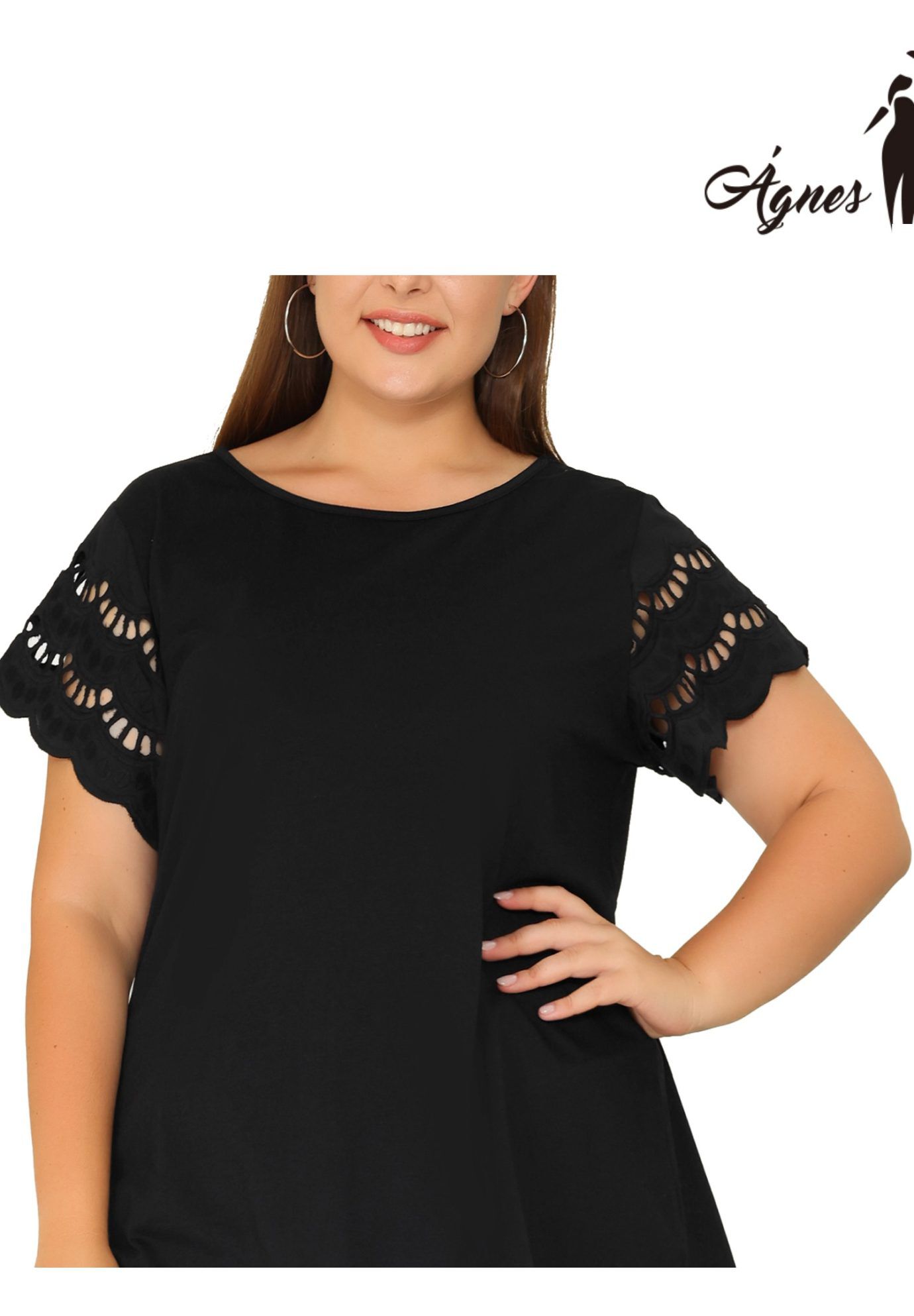 Lace Panel Hollow Short Sleeve Summer Blouse, Black / Black, alternate image number 4