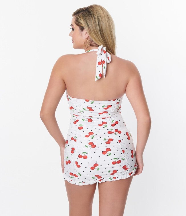 Unique Vintage White & Cherry Pin Dot Halter Swim Dress, , alternate image number null