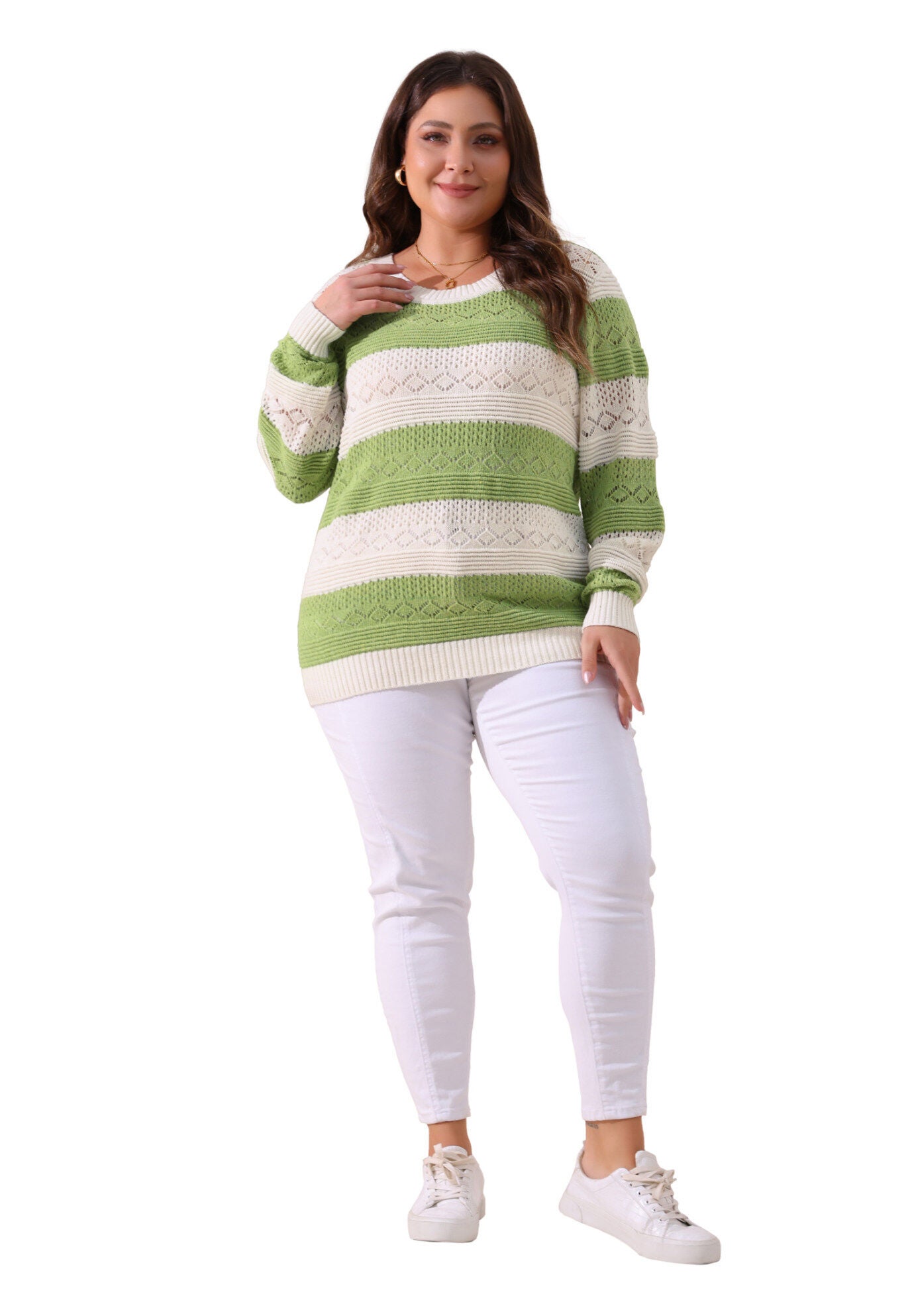 Crewneck Lightweight Hollow Knit Pullover Top, Green White / Light Green, hi-res image number 0