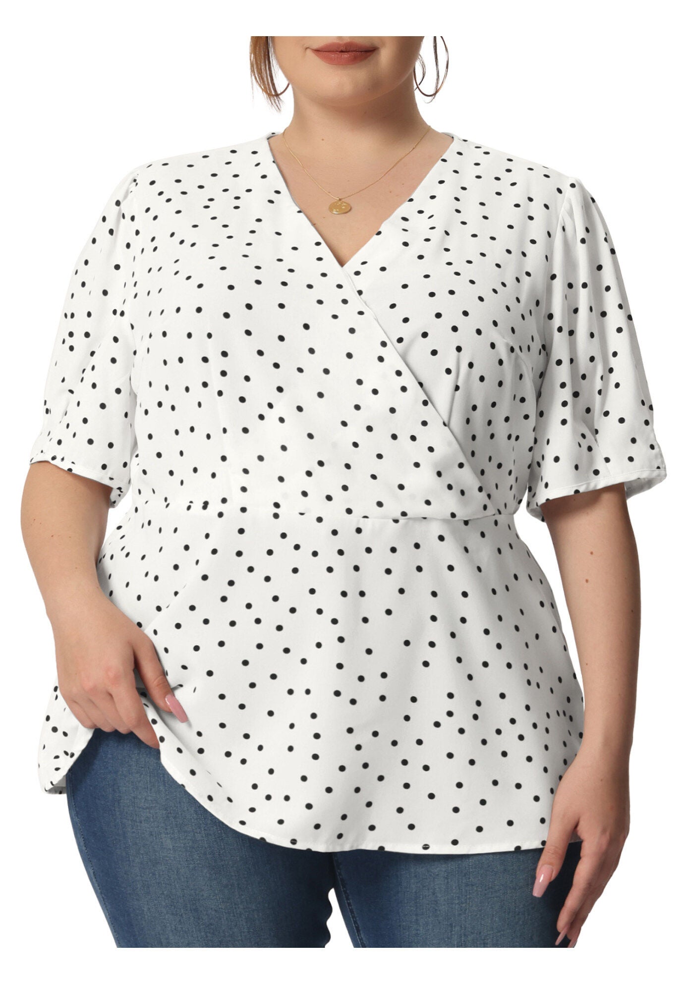 Summer V Neck Wrap Short Sleeve Polka Dots Peplum Top, White / White, alternate image number 2
