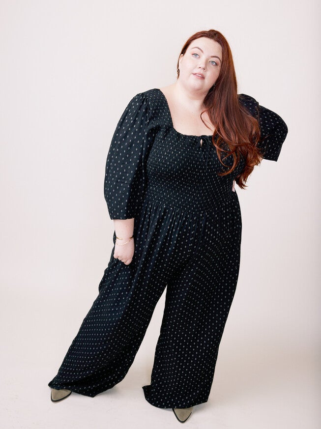Marion Smocked Jumpsuit, Black Diamond Dot / Black, hi-res image number null