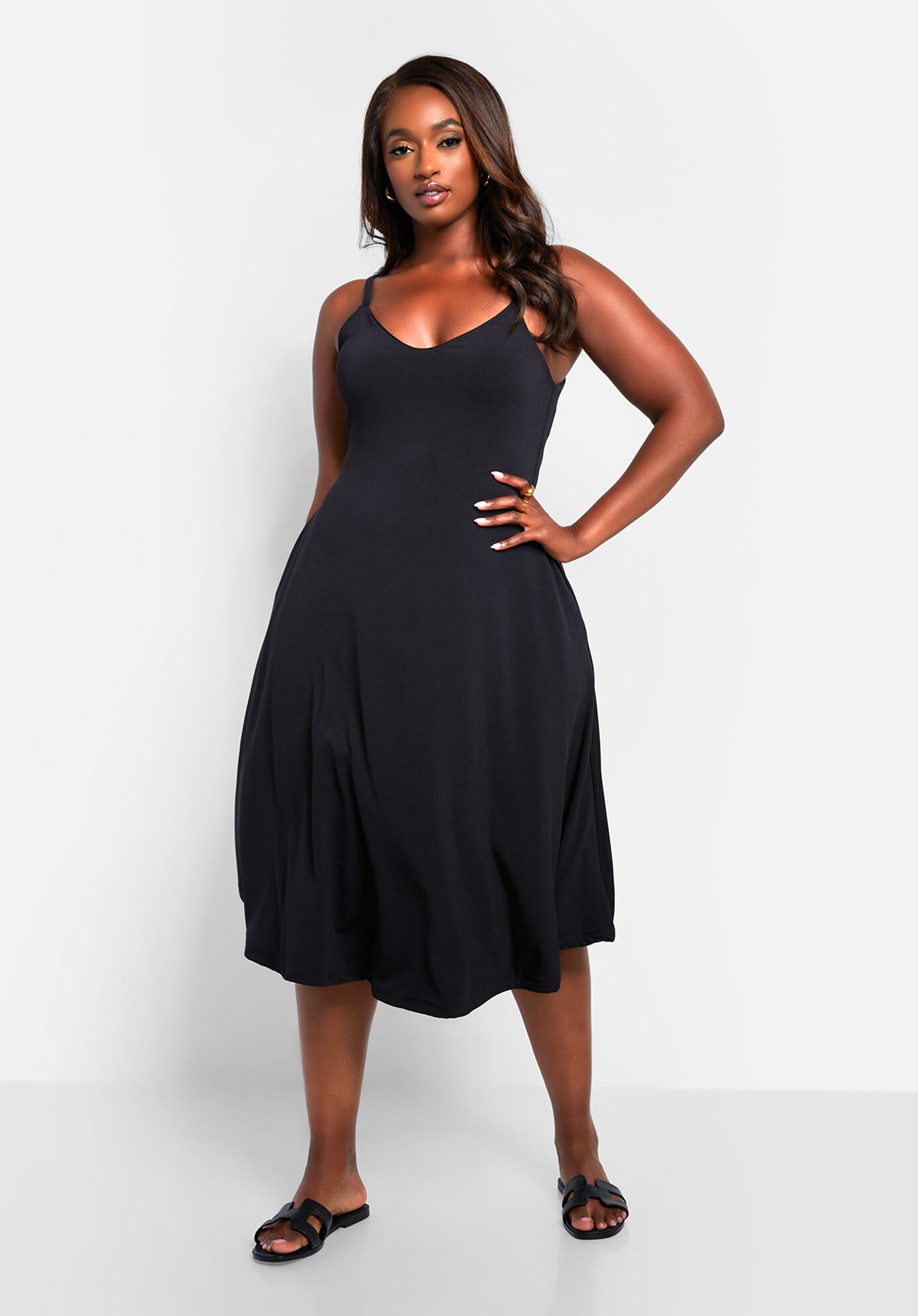 Essential V Neck Strappy Midi Skater Dress, Black / Black, alternate image number 1