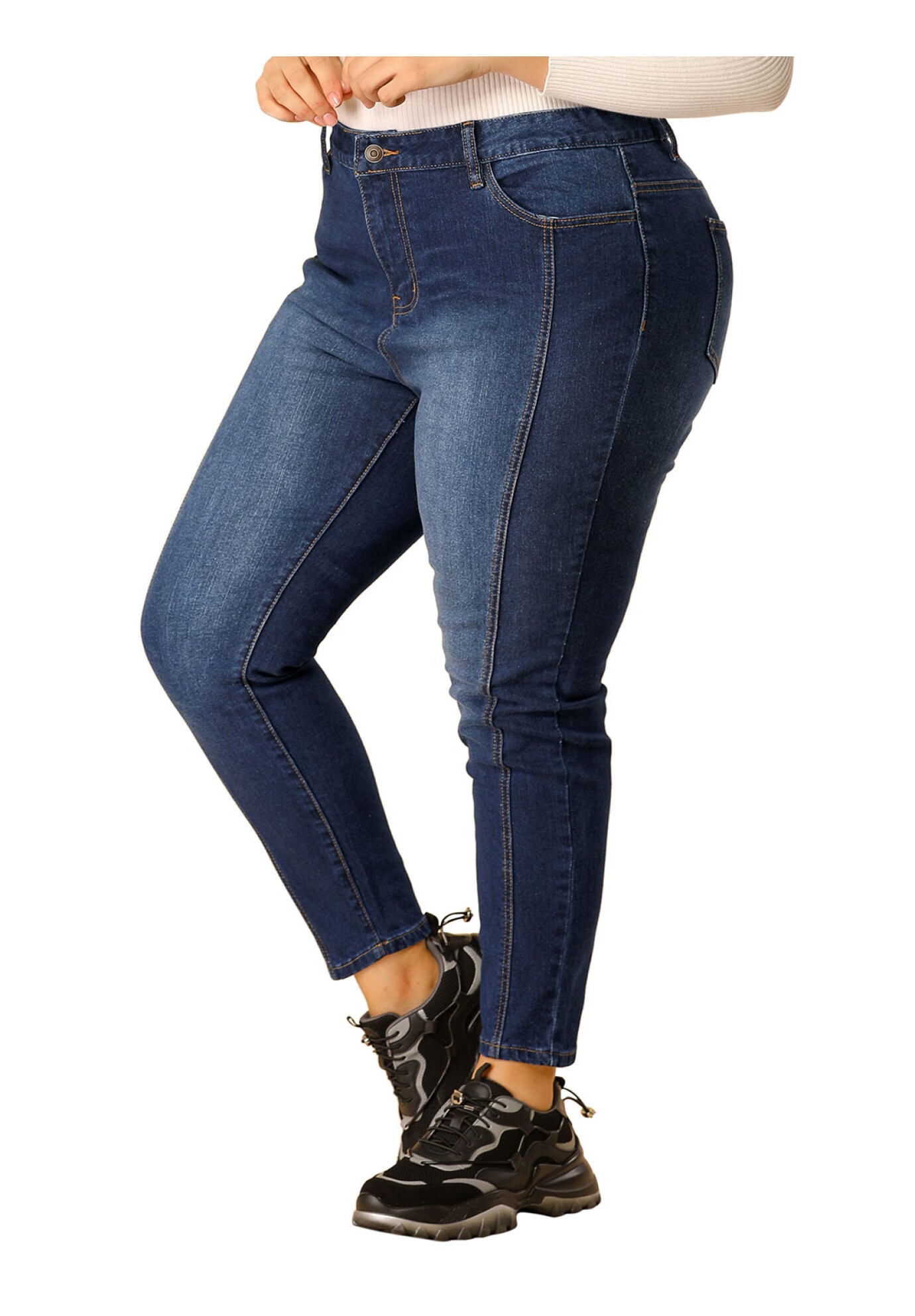 MID RISE STRETCH WASHED SKINNY JEANS DENIM JEGGINGS, Dark Blue / Navy, alternate image number 2
