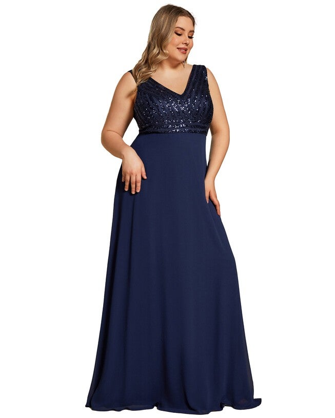 Sequin Sleeveless Double V-Neck Formal Evening Dress, Navy Blue / Navy, alternate image number null