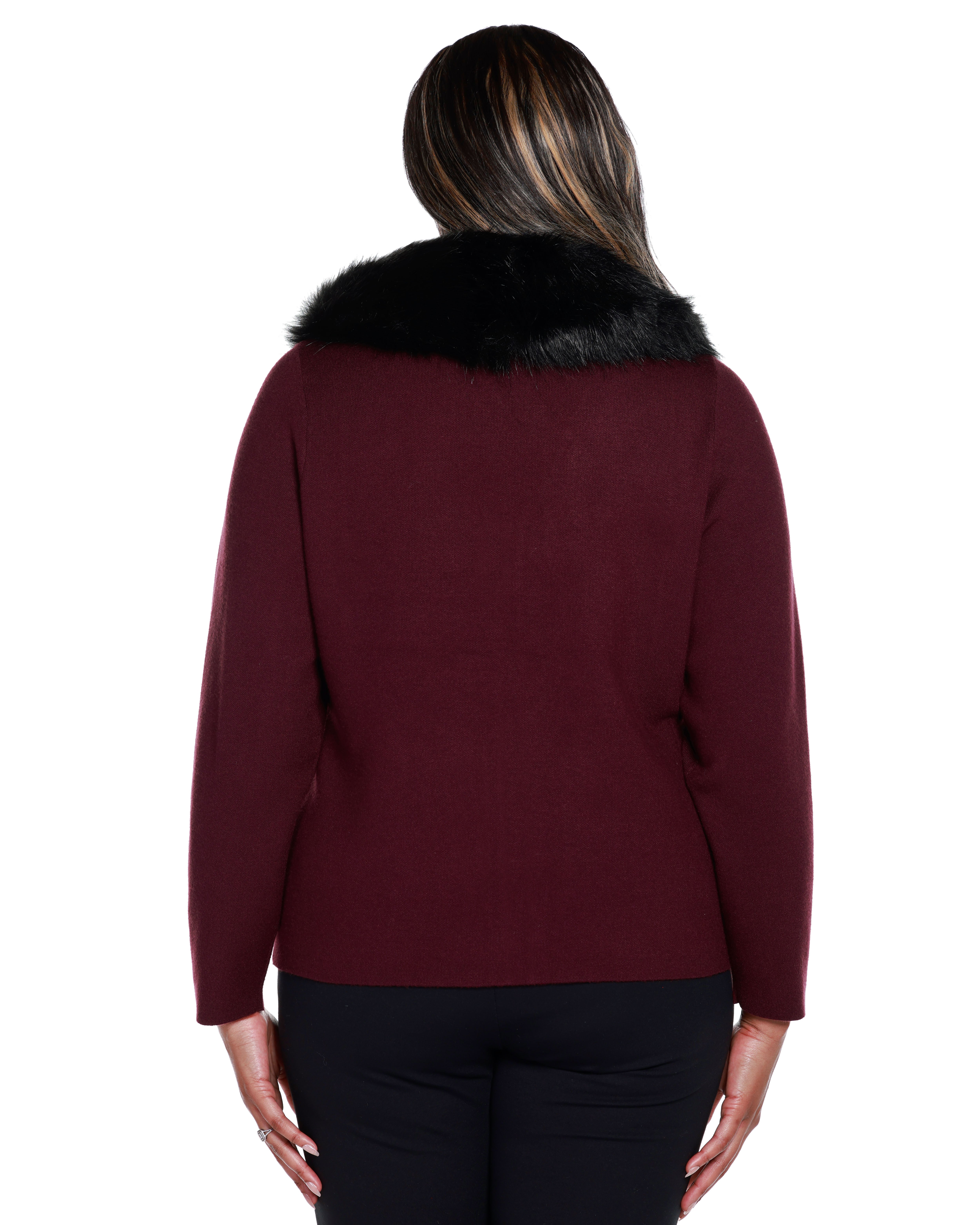 FAUX FUR COLLAR SHORT ZIP CARDIGAN SWEATER, Black Cherry / New Wine, alternate image number 1