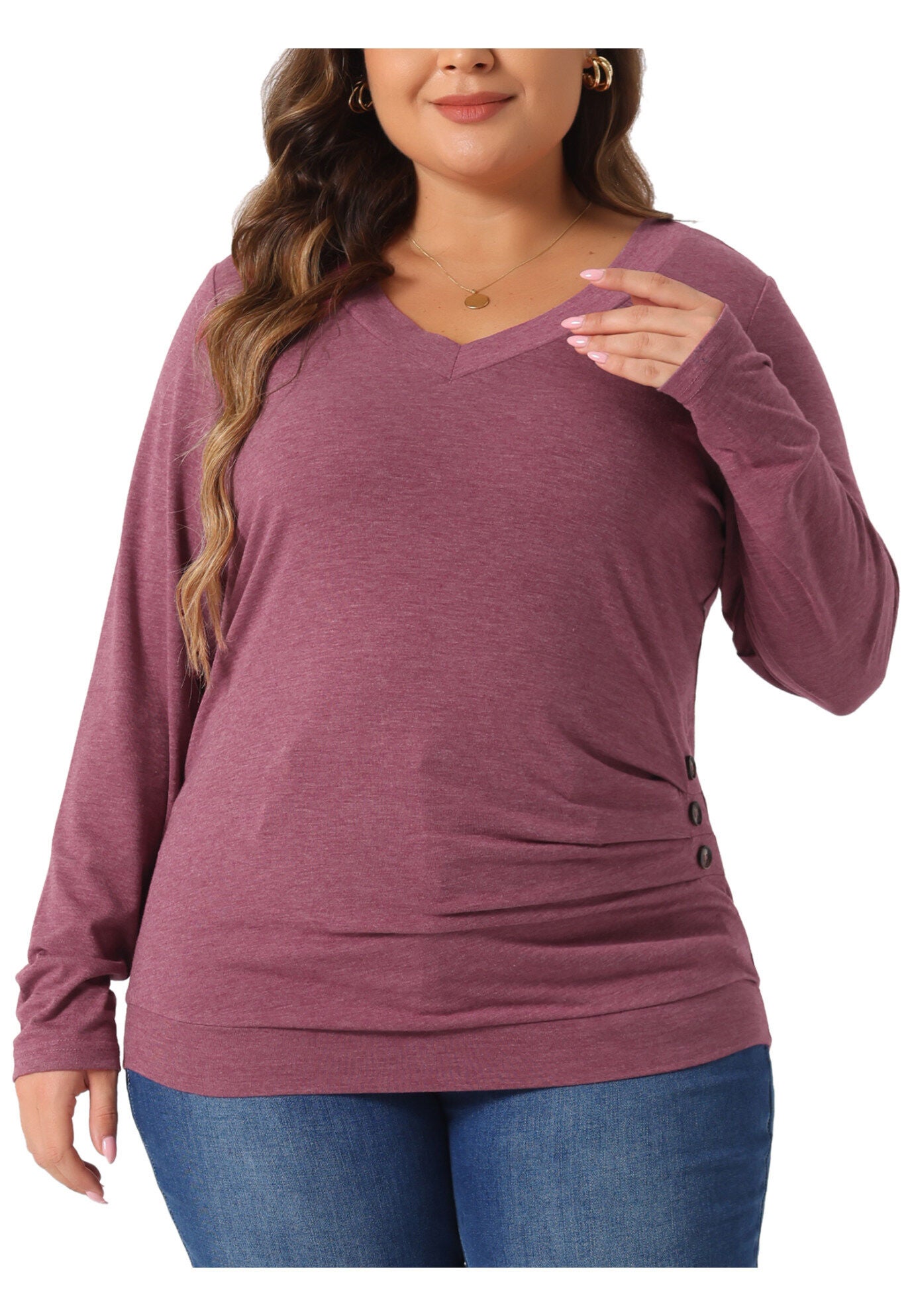 V Neck Long Sleeve Buttons Decor Ruched Casual Blouse Tunic Top, Purple Red / Purple, alternate image number 2