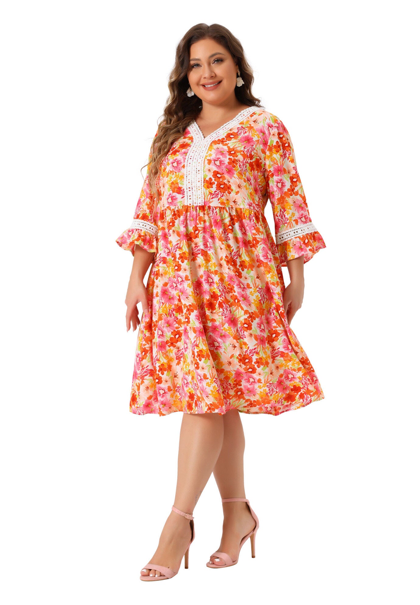 Vintage Lace Floral Ruffle V Neck 3/4 Sleeve Midi Babydoll Dress, Orange / Orange, hi-res image number 0