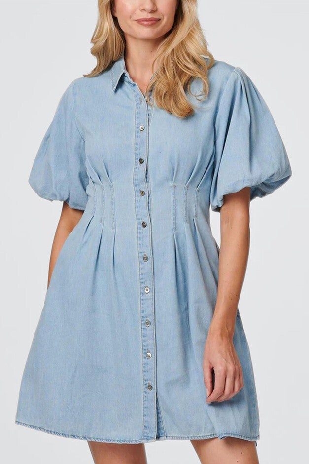 Viviane Soft Wash Denim Shirt Dress Short Sleeve, Blue / Light Blue, alternate image number 1