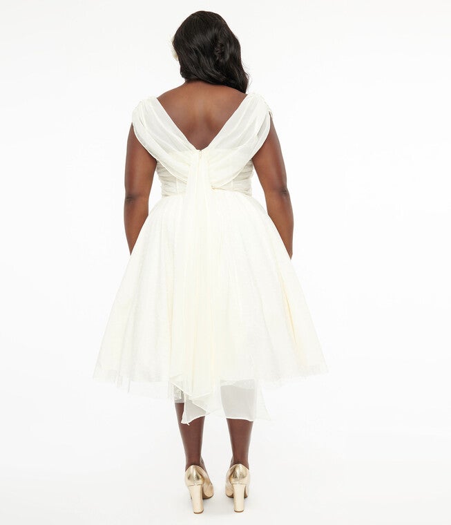 Unique Vintage 1950s Ivory Clip Dot Off The Shoulder Cocktail Dress, Ivory Clip Dot / Ivory, alternate image number 1