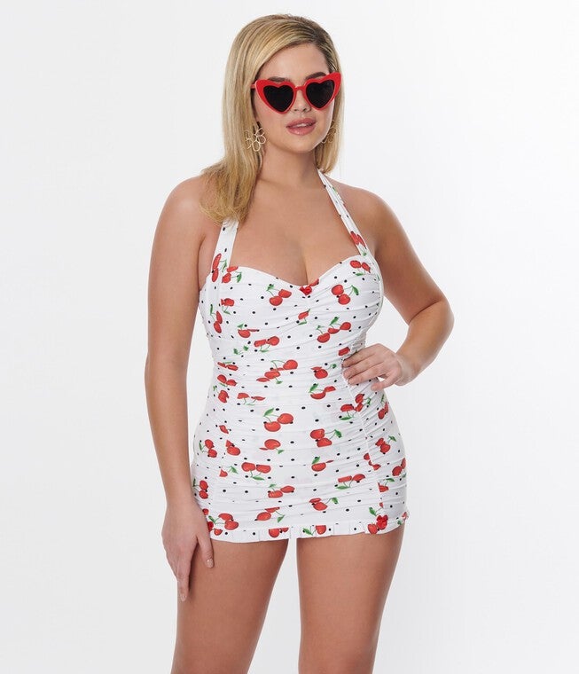 Unique Vintage White & Cherry Pin Dot Halter Swim Dress, White Cherry Pin Dot / White, hi-res image number null