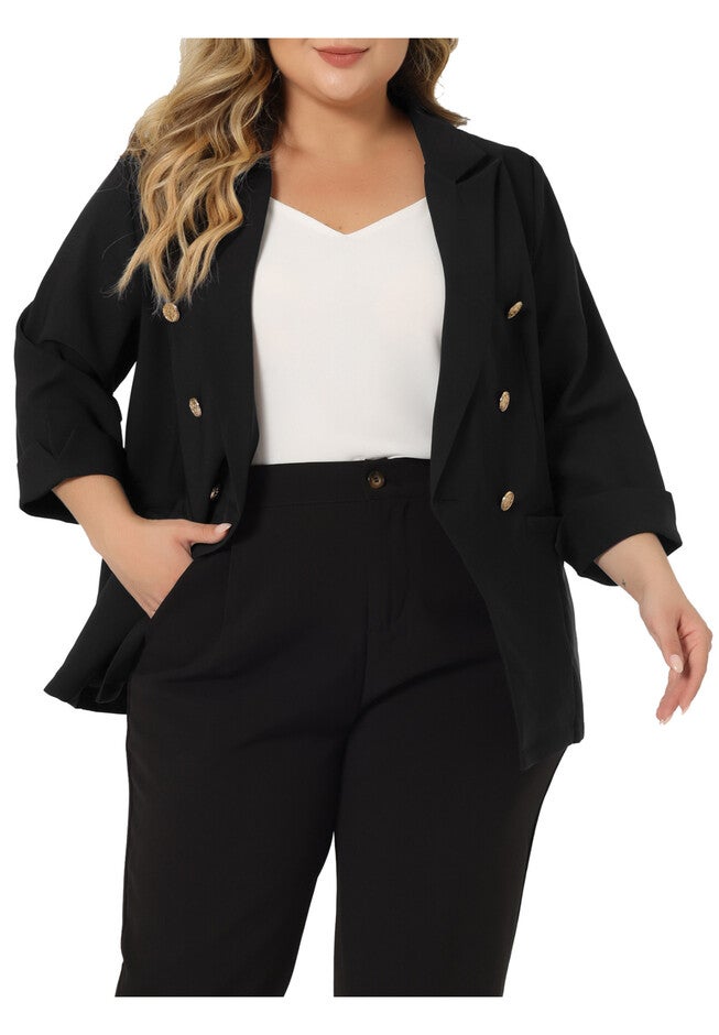 BUTTON 3/4 SLEEVE BUSINESS SUIT BLAZER, Black / Black, alternate image number 3