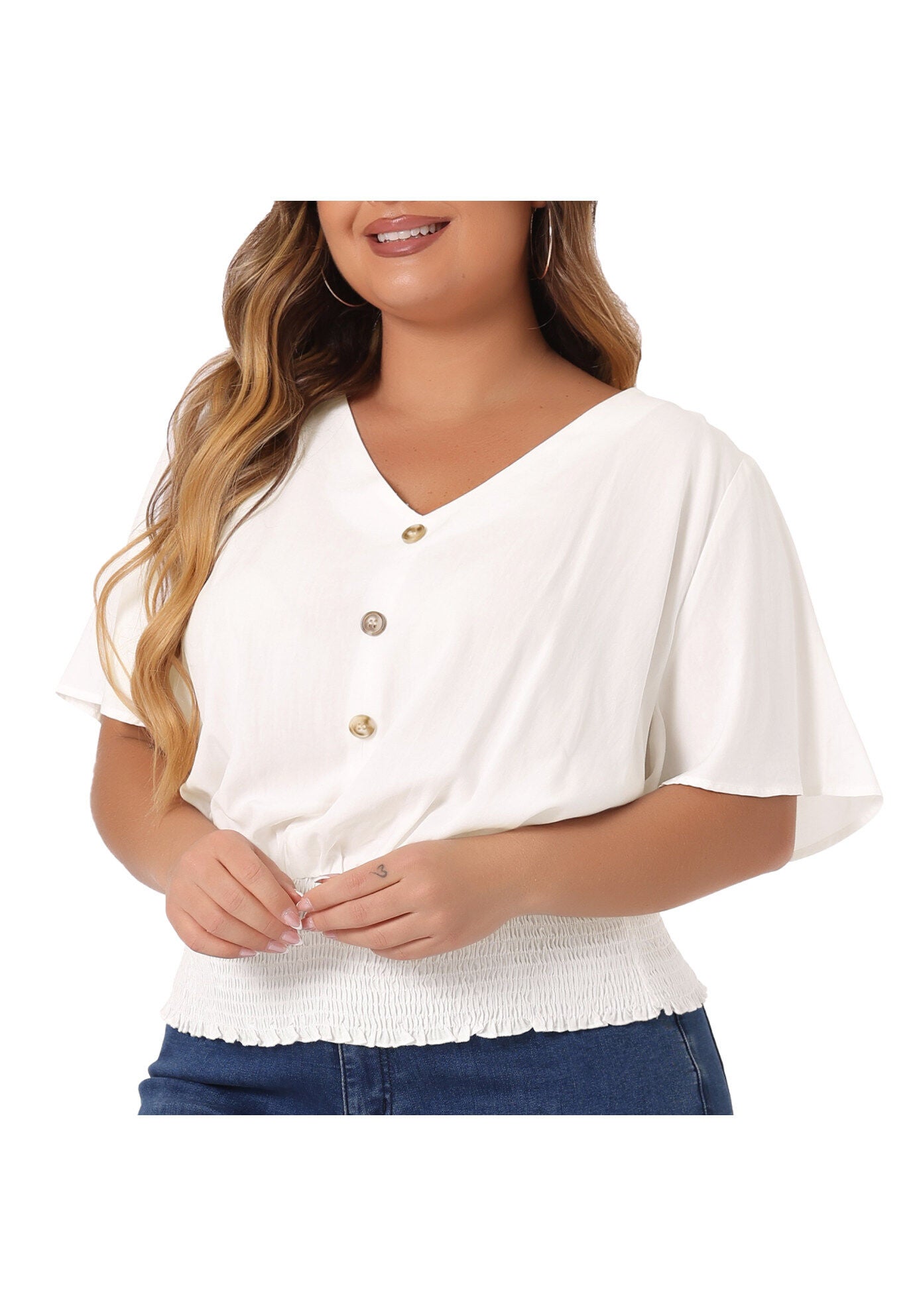 V Neck Button Up Short Sleeve Shirred Crop Shirt Blouse, White / White, alternate image number 1