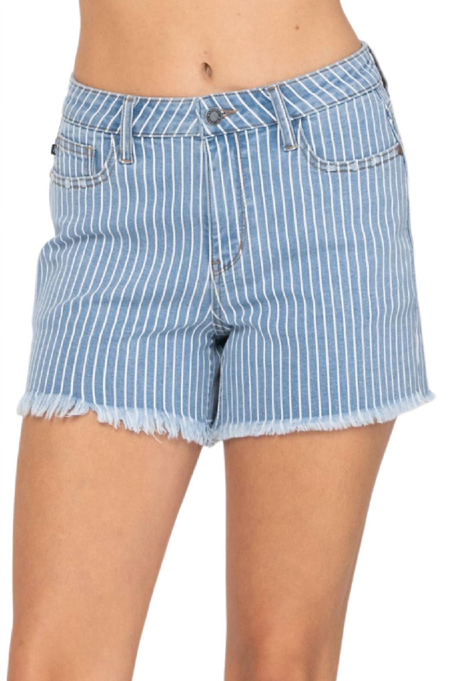 Striped Cut Off High Waist Shorts In Blue/White, BlueWhite / White, hi-res image number 0