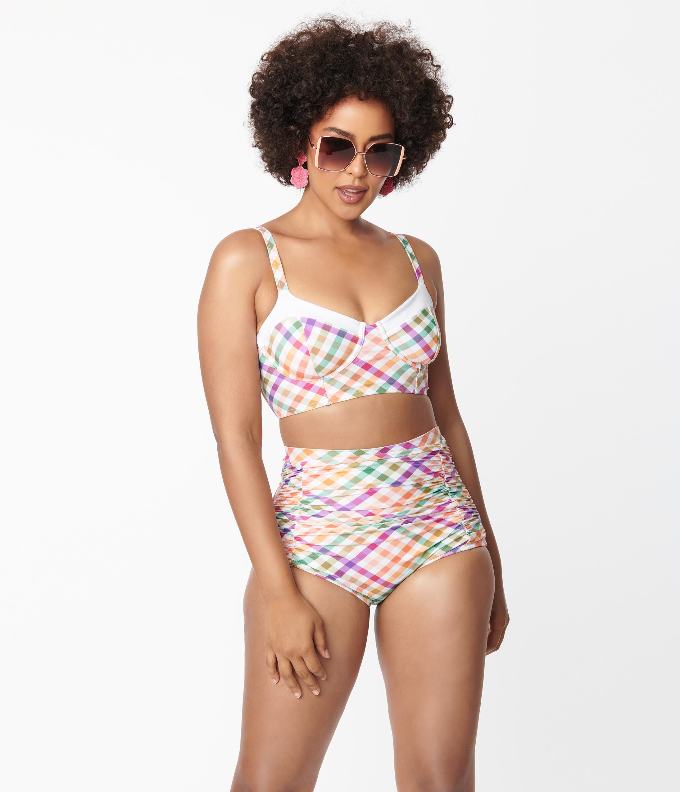 Unique Vintage Pastel Madras Gingham Marlene Crop Swim Top, , alternate image number 8