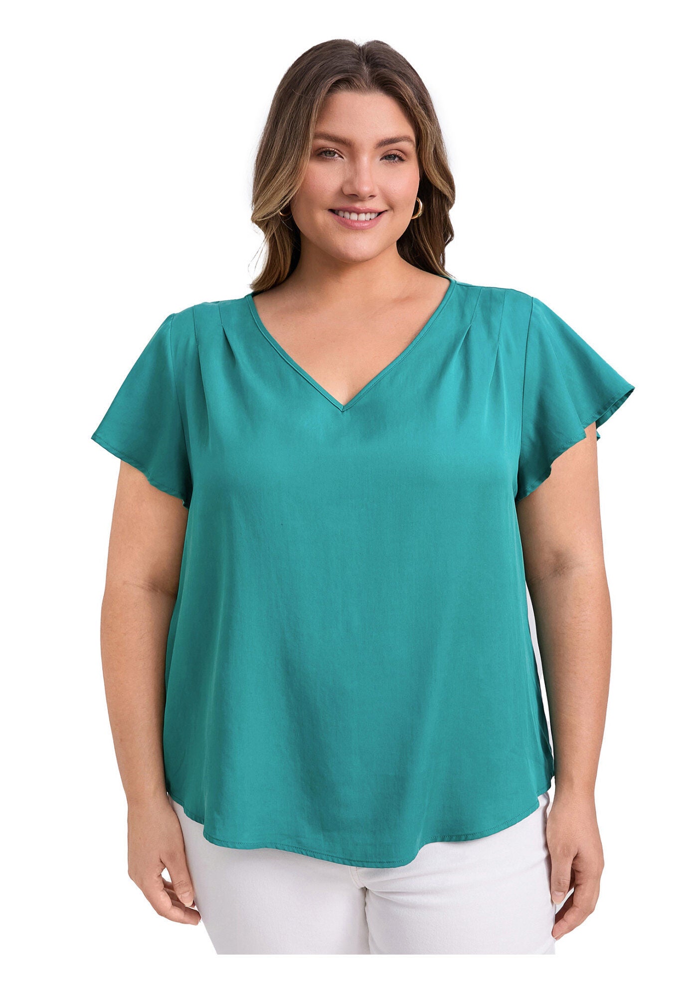 V Neck Shoulder Pleated Ruffle Short Sleeve Blouse, Lake Blue / Azure Blue, hi-res image number 0