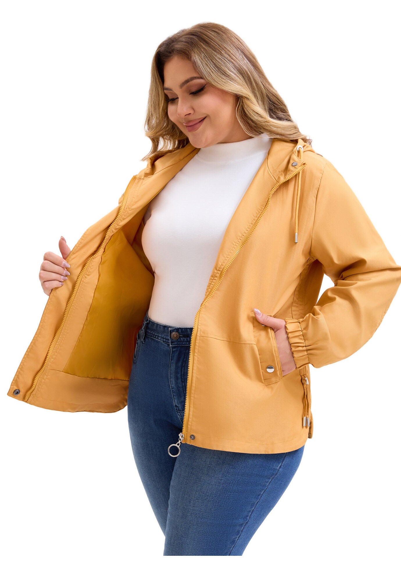 Anorak Zip Up Pockets with Hood Coats Jacket, Yellow / Yellow, alternate image number 1