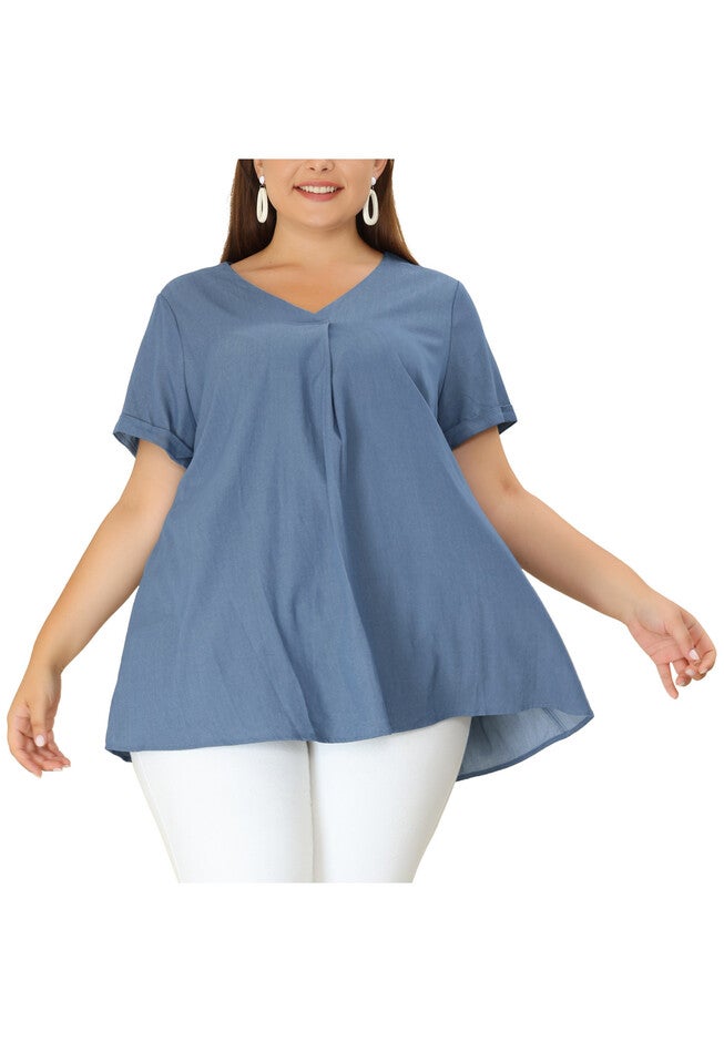Chambray Pleat Front V Neck Short Sleeve Blouse Top, Dark Blue / Navy, alternate image number 1