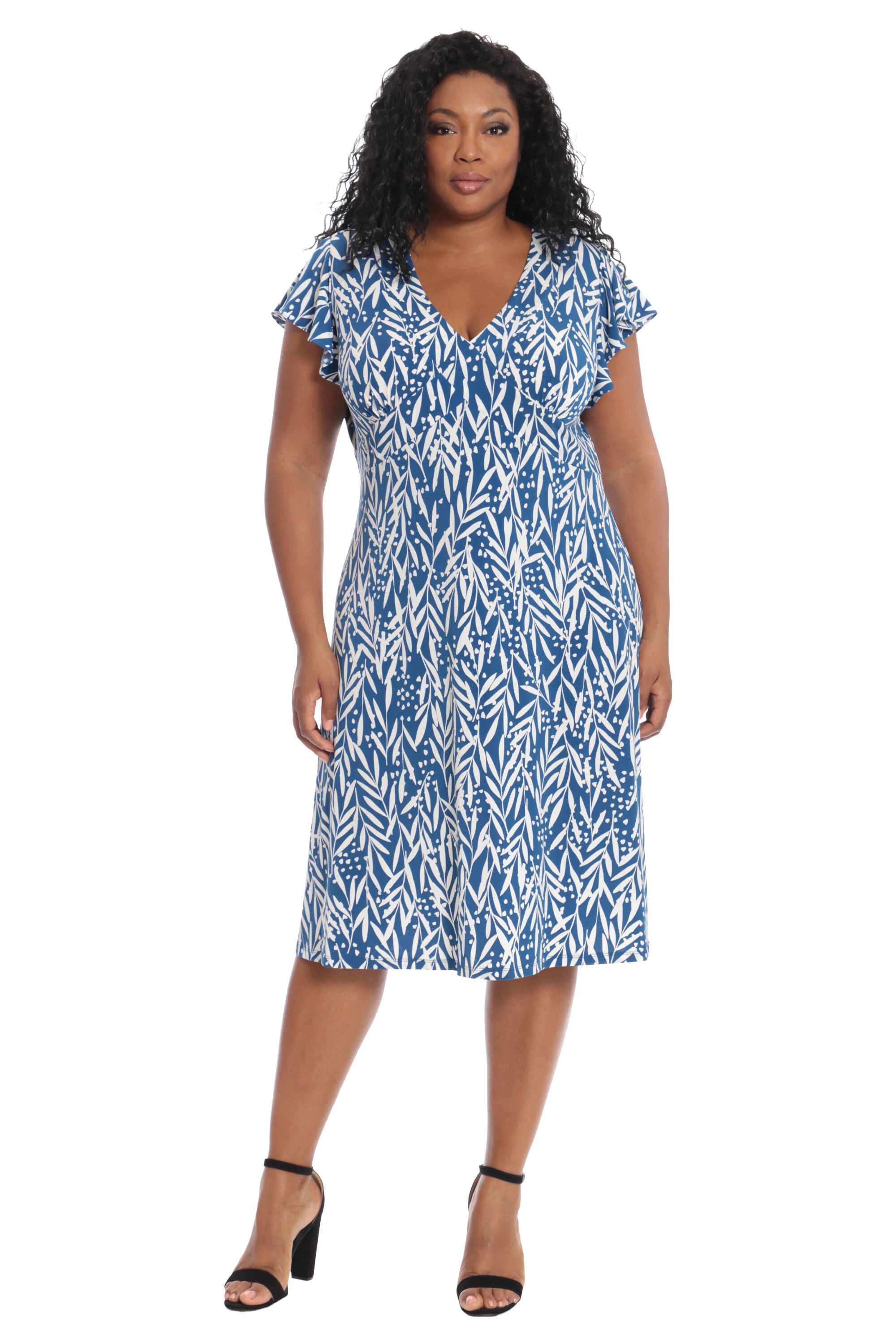 Ruffle sleeve v-neck midi dress | Dia & Co