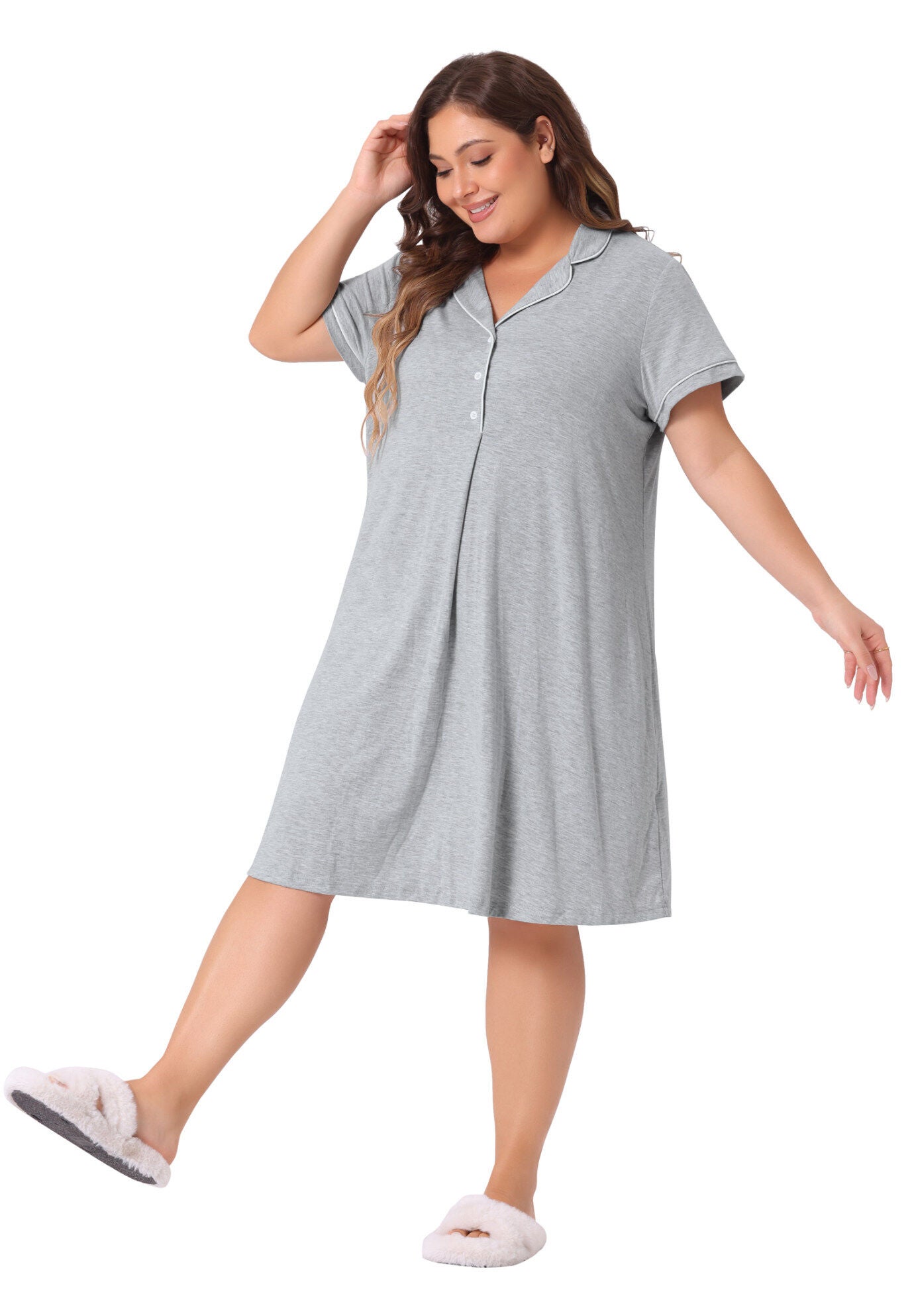 Short Sleeves Pajama Button Down Nightshirt, Gray / Light Grey, hi-res image number 0